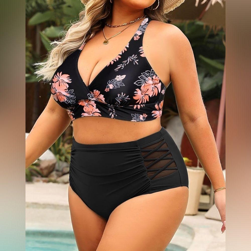 Younique Black Floral Bikini with Plunging Halter High-Waisted Bottom 14W NWT - Picture 3 of 11
